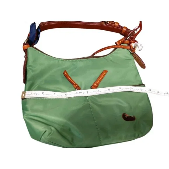 NWT Dooney & Bourke Green Nylon Hobo Shoulder Bag W/ Brown Leather Trim & Zipper